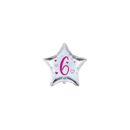 Palloncini stelline con numero 6 fucsia micro shape 4" (10cm) in mylar, 5pz.