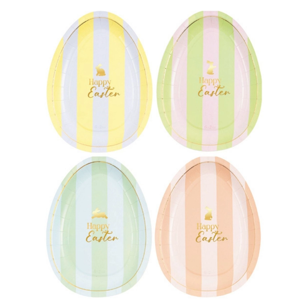 8 Piatti Sagomati Uovo "Happy Easter" Righe Pastello e Oro 22cm 8pz