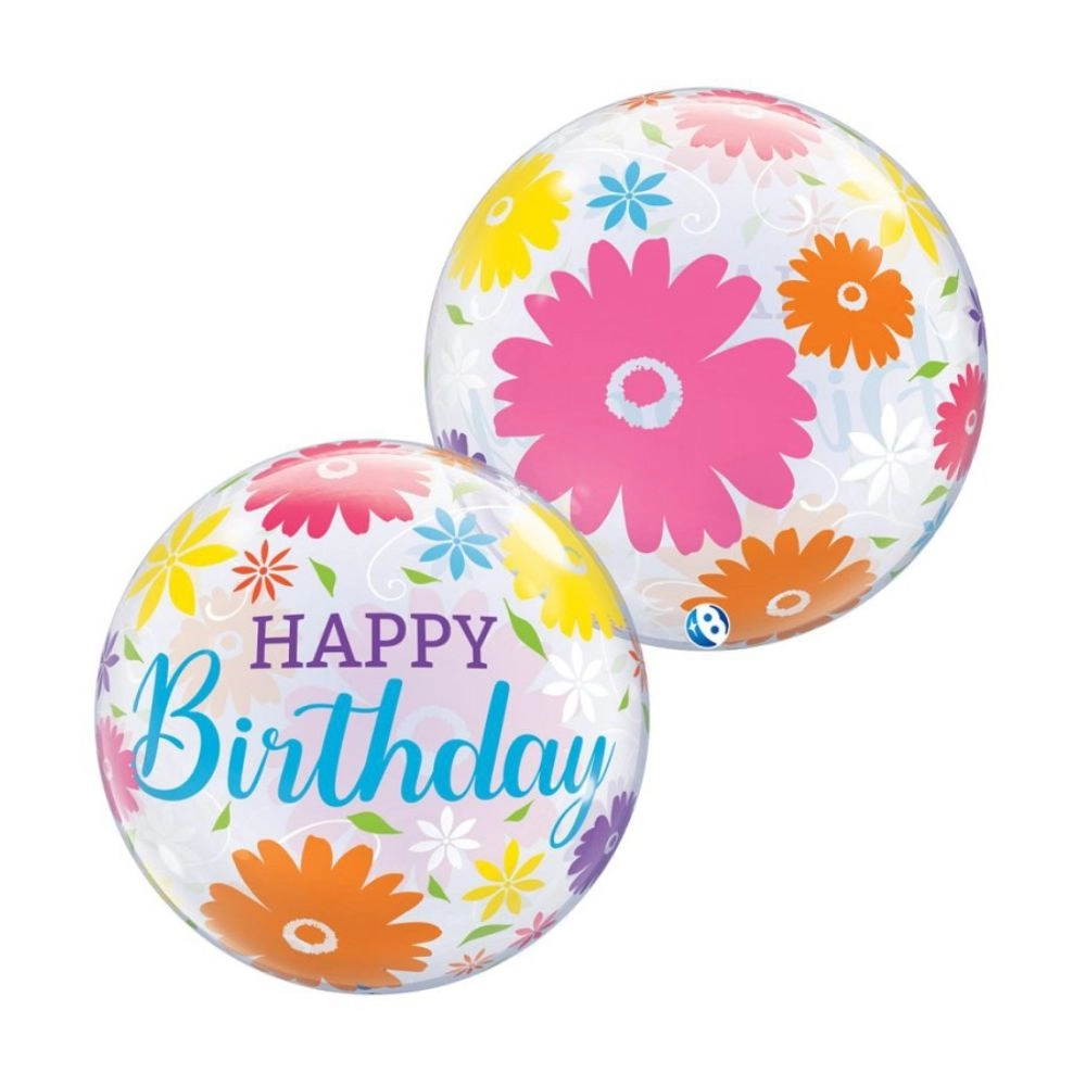 Palloncino Bubble Birthday Flowers & Filigree Takara 22"-(55cm) 1pz